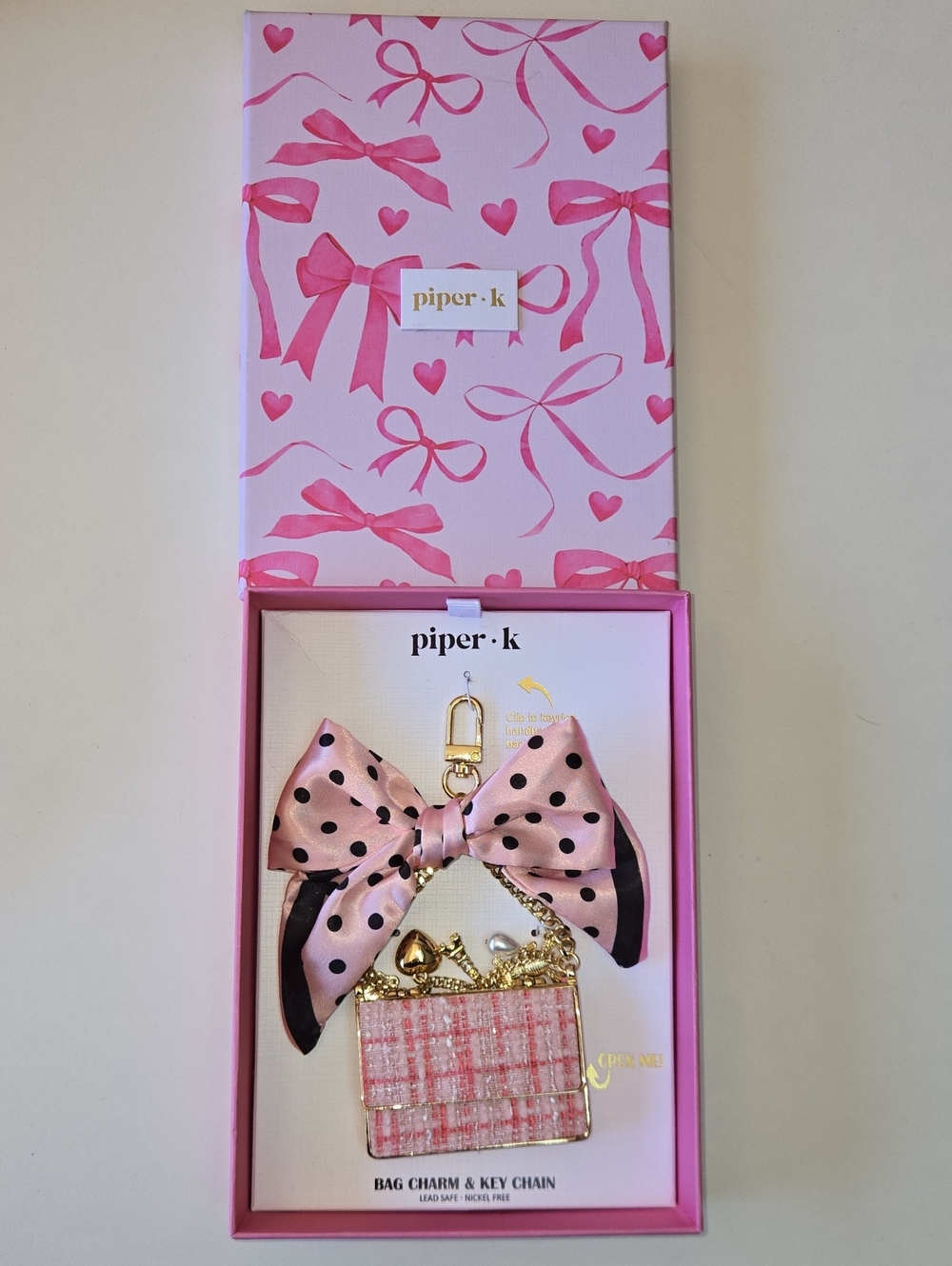 NEW Piper Pink Polka-Dot Bow Bag Charm with Tweed Purse Pendant